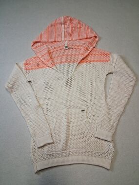 Roxy Cream Open-Knit Hoodie with Coral Pink Hood